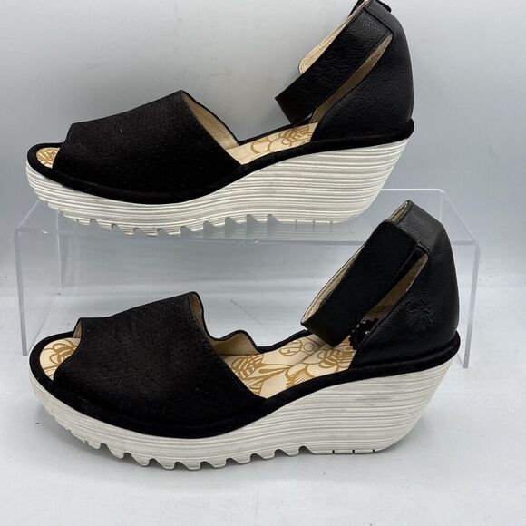 Fly London Women’s Yake Perforated Black Leather Sandals Wedge Heels EU39 US8.5 - Picture 3 of 13